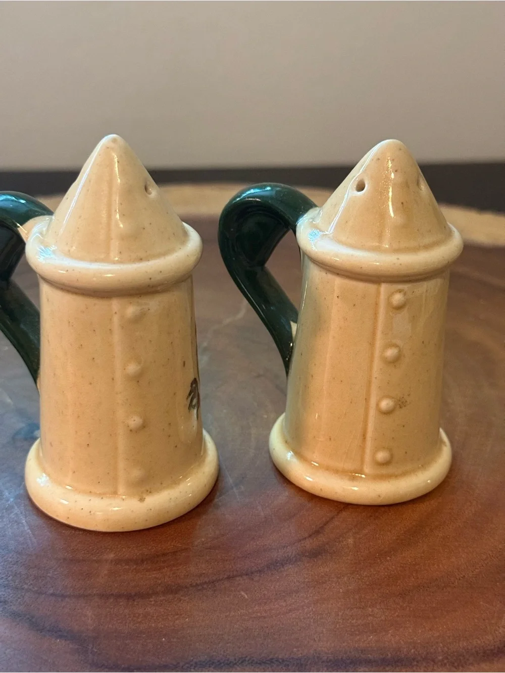 Farmhouse Cream Ceramic Rooster Salt & Pepper Shaker Set with Green Handles -